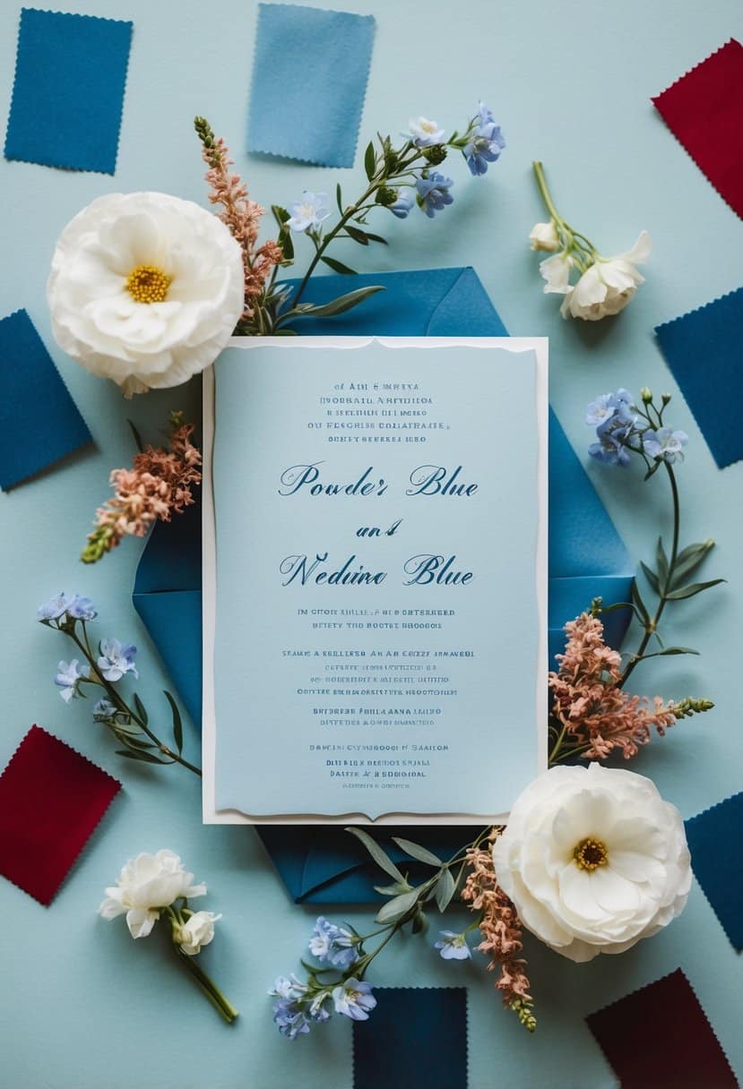 A powder blue wedding invitation surrounded by dusty blue and red color swatches, with delicate floral accents