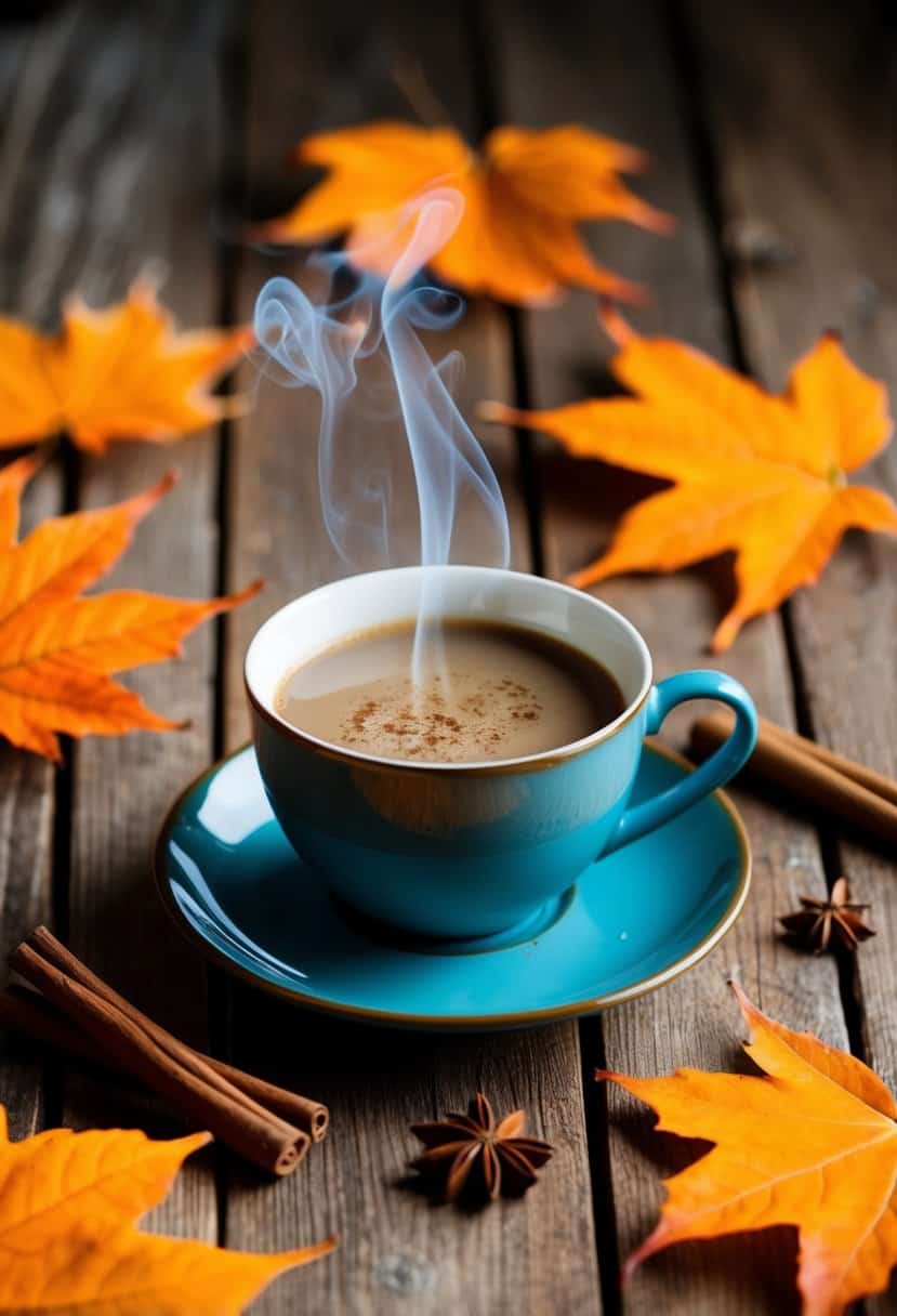 A steaming cup of chai sits on a rustic wooden table surrounded by vibrant orange autumn leaves and cinnamon sticks