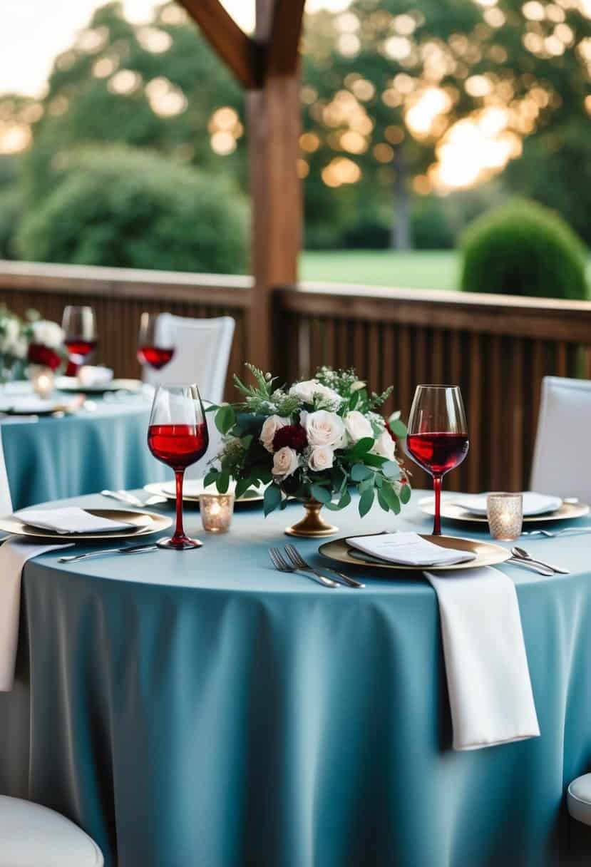 A dusty blue tablecloth adorned with red wine glassware, creating a romantic and elegant wedding color scheme