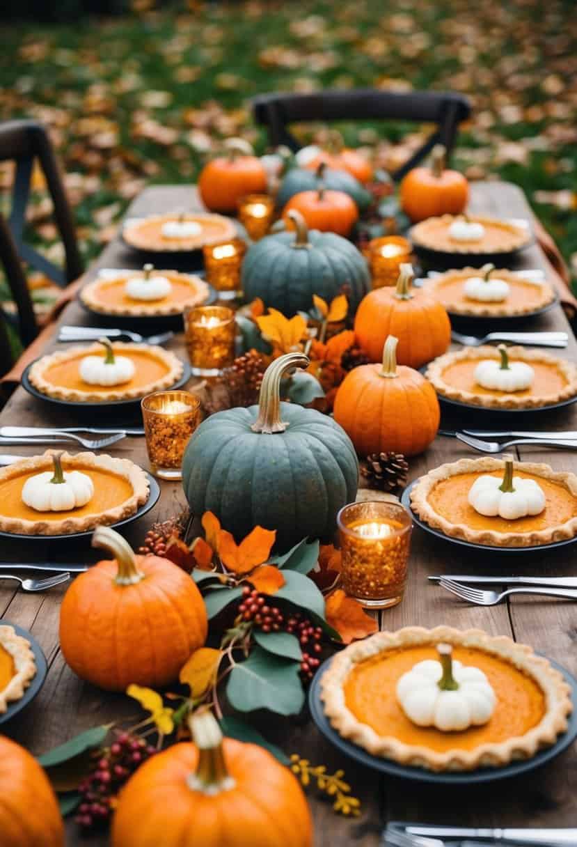 A rustic table set with pumpkin pies, fall foliage, and orange accents for an autumn wedding