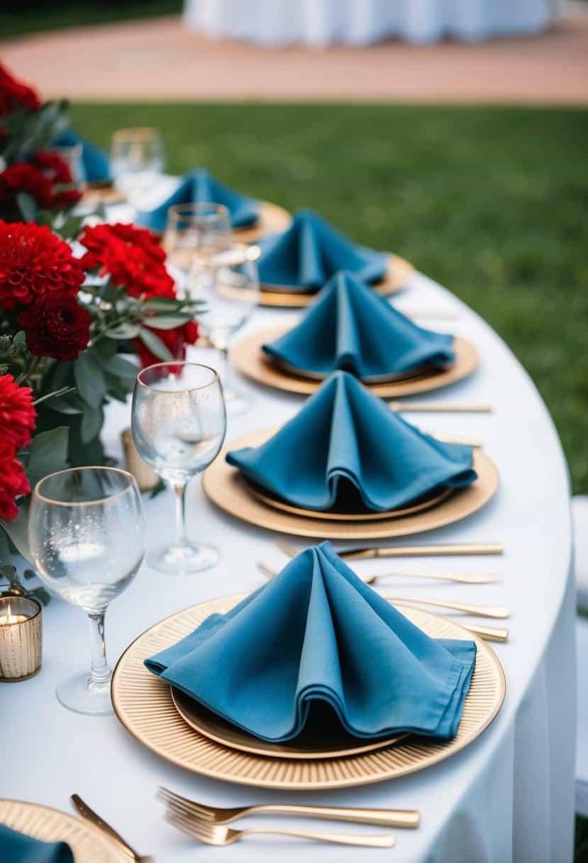 Dusty blue napkins arranged with red floral centerpieces on a white tablecloth