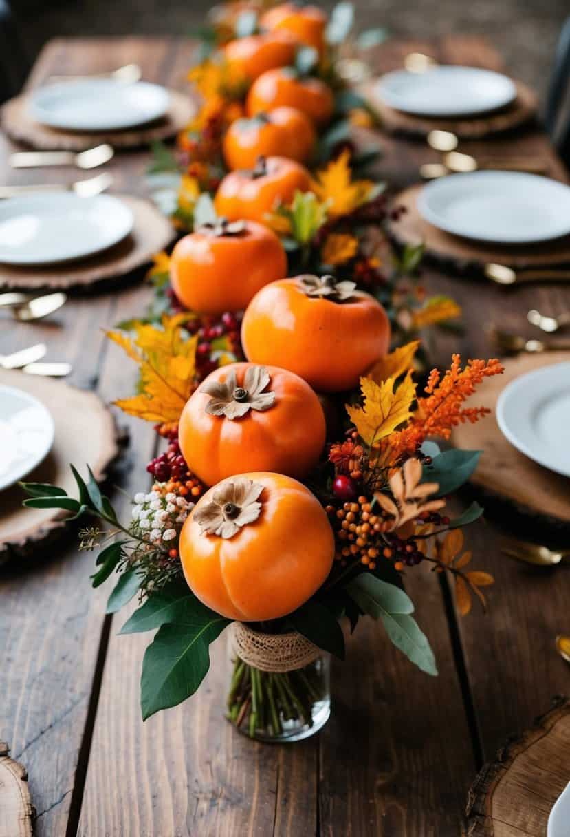 A rustic wooden table adorned with persimmon boutonnieres and autumn foliage