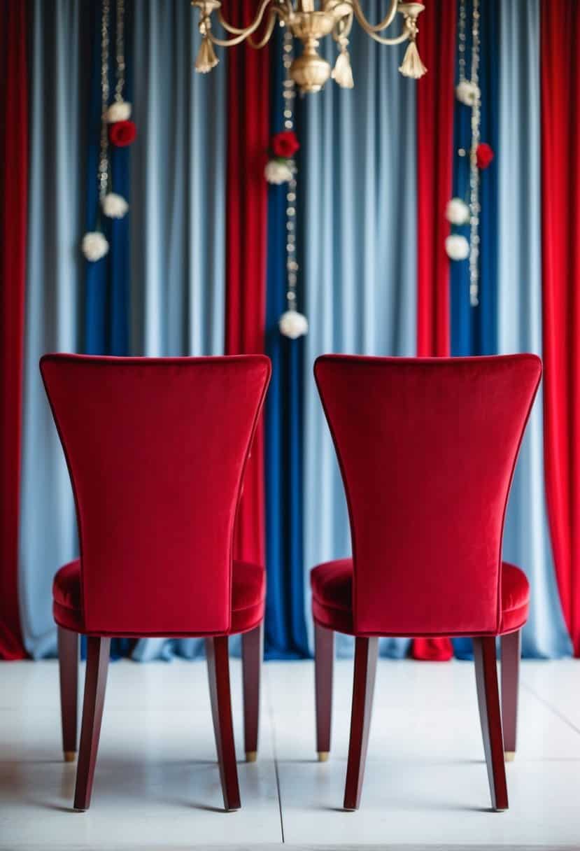 Two ruby red accent chairs against a backdrop of dusty blue and red wedding decor