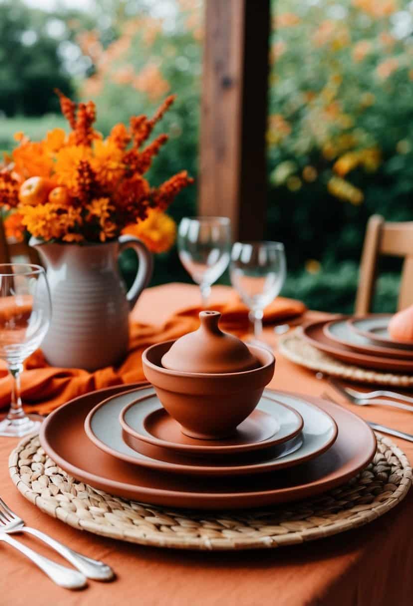A terracotta table setting with autumnal orange accents