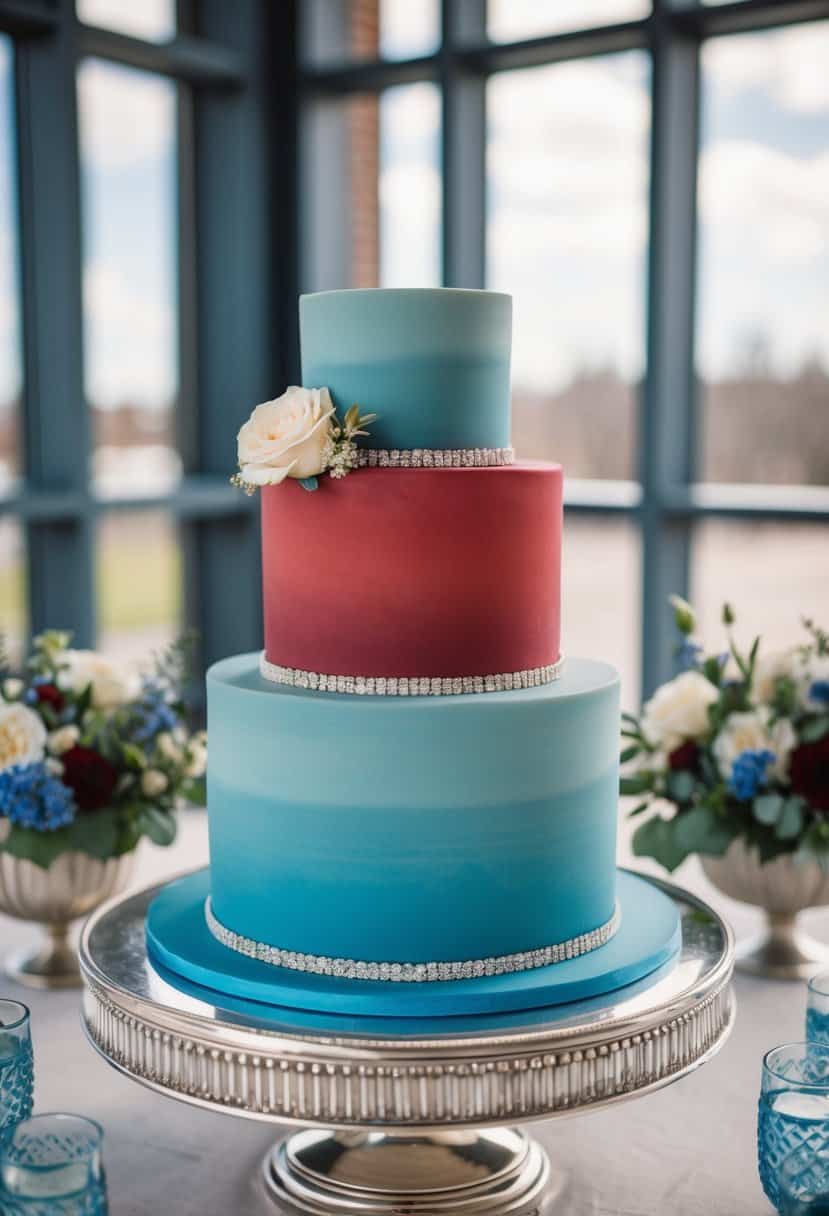 A dusty blue and red wedding cake sits on a silver and blue cake stand, surrounded by coordinating decor and flowers