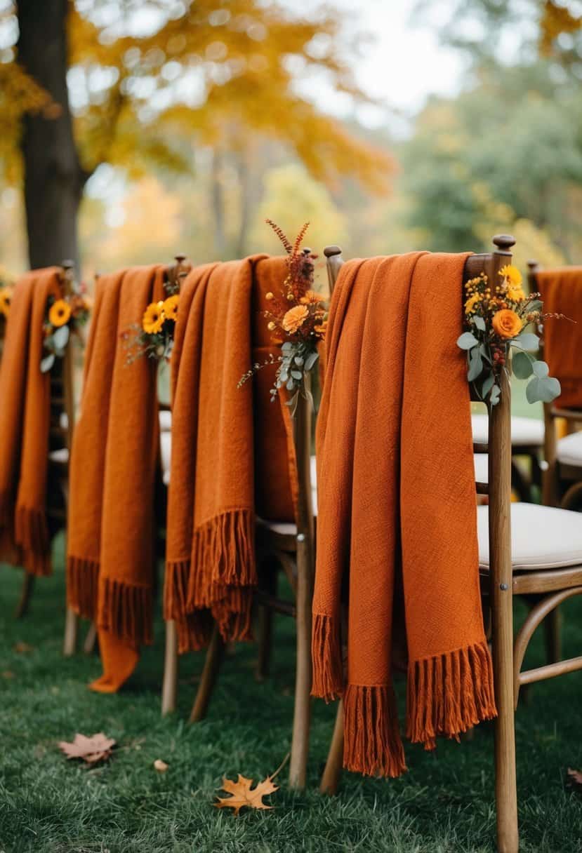 Rust-colored throws draped over wooden chairs in a cozy autumn wedding setting