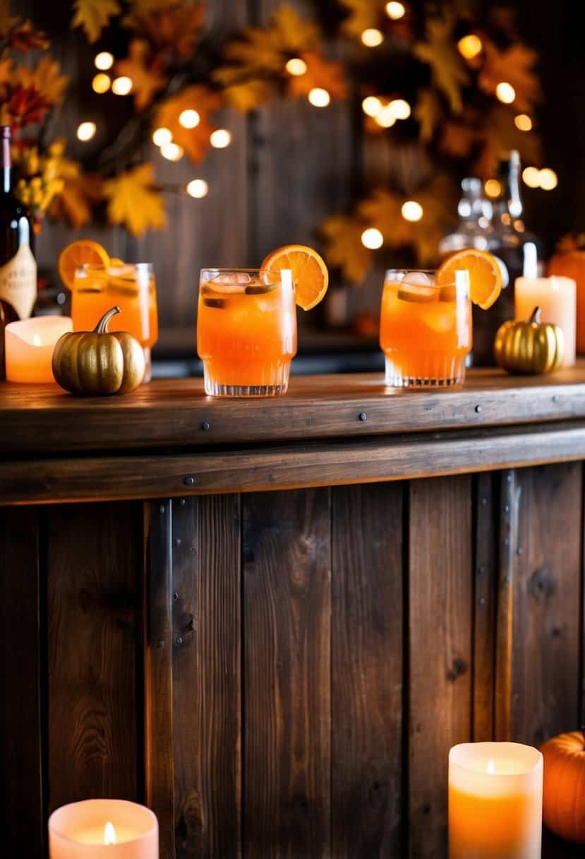 A rustic wooden bar adorned with orange and gold cider cocktails, surrounded by autumn foliage and warm candlelight