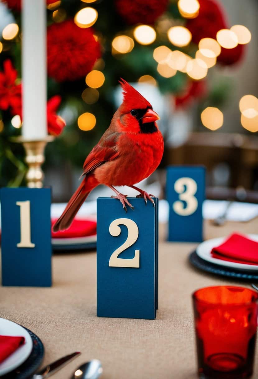 A red cardinal perched on dusty blue table numbers, surrounded by accents of vibrant red