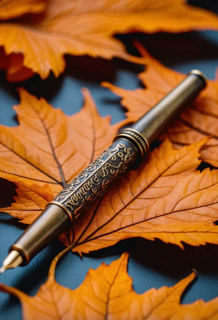A rustic bronze calligraphy pen writes on orange autumn leaves