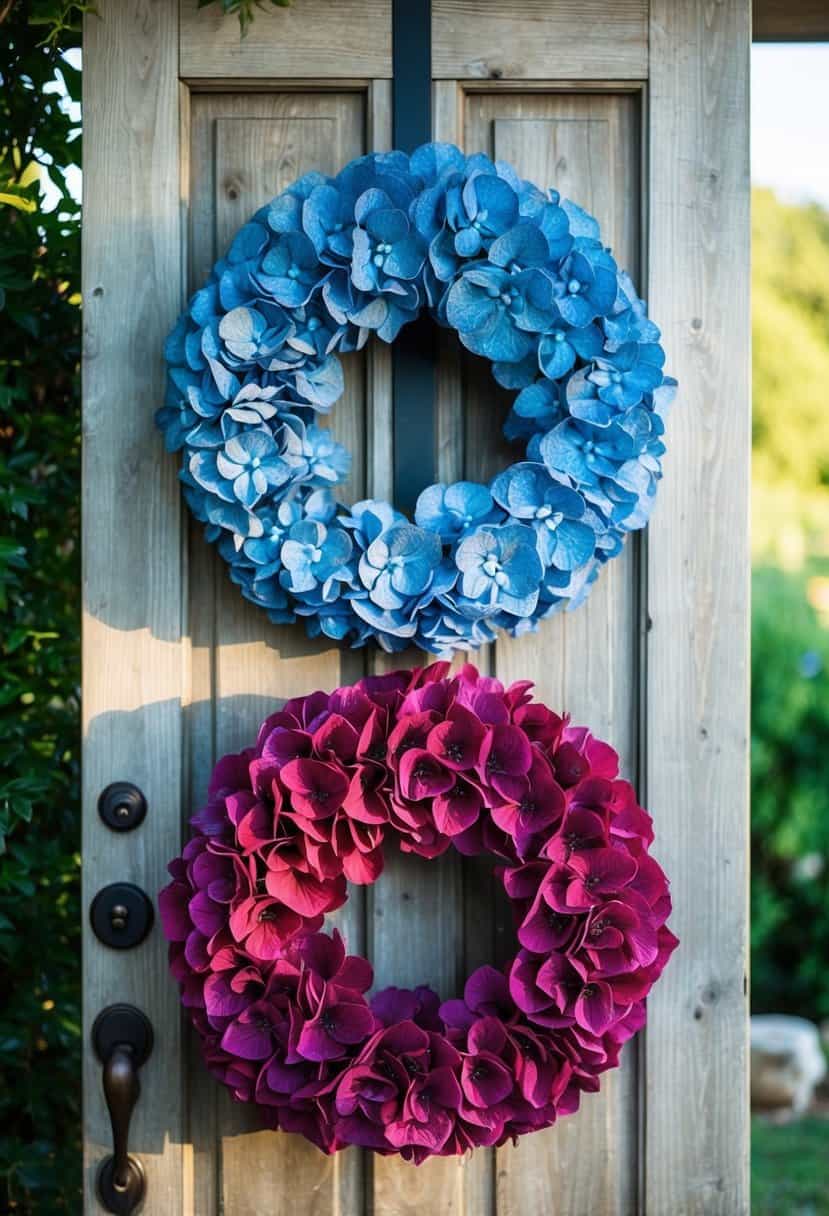 A rustic wooden door adorned with two Blue Hydrangea Wreaths, one dusty blue and the other a deep red, against a backdrop of greenery and sunlight