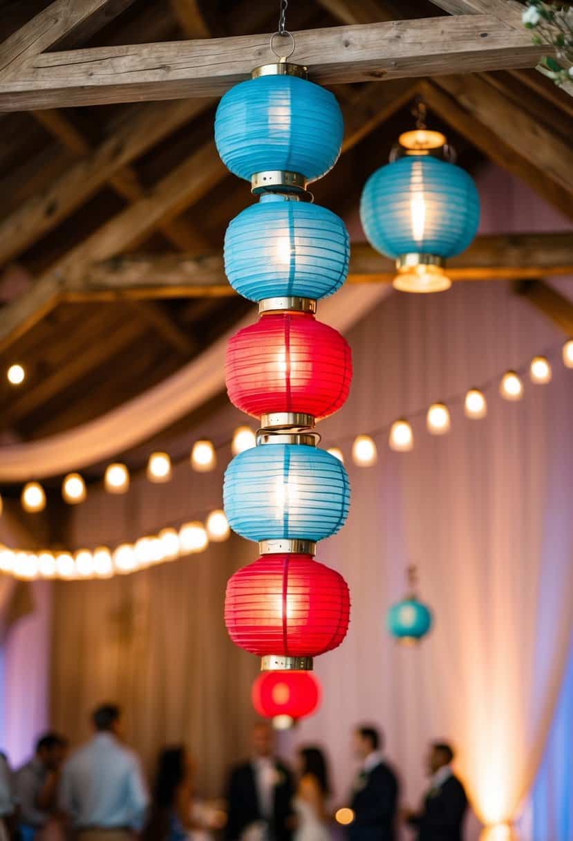 Dusty blue and red lanterns hanging from a rustic wooden archway, casting a warm glow over a wedding reception