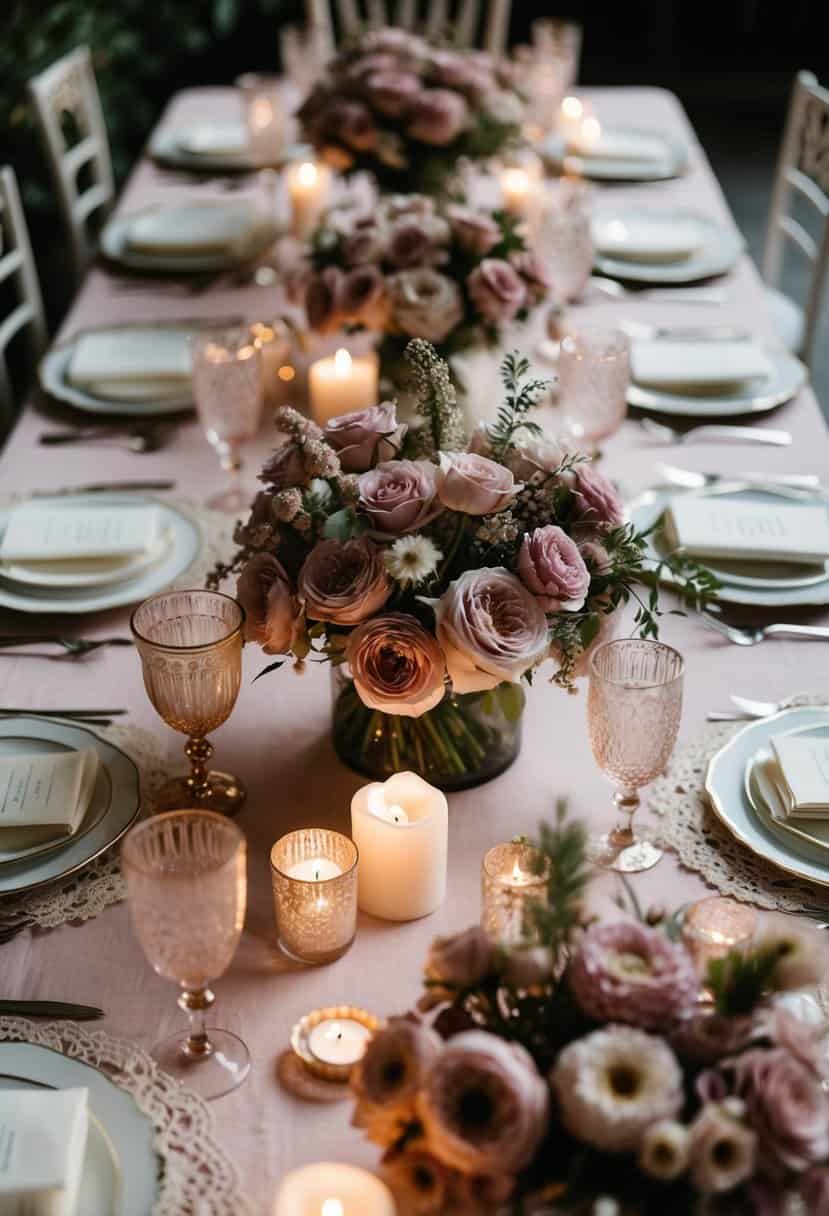 A table scattered with dusty pink bouquets, surrounded by soft candlelight and delicate lace accents