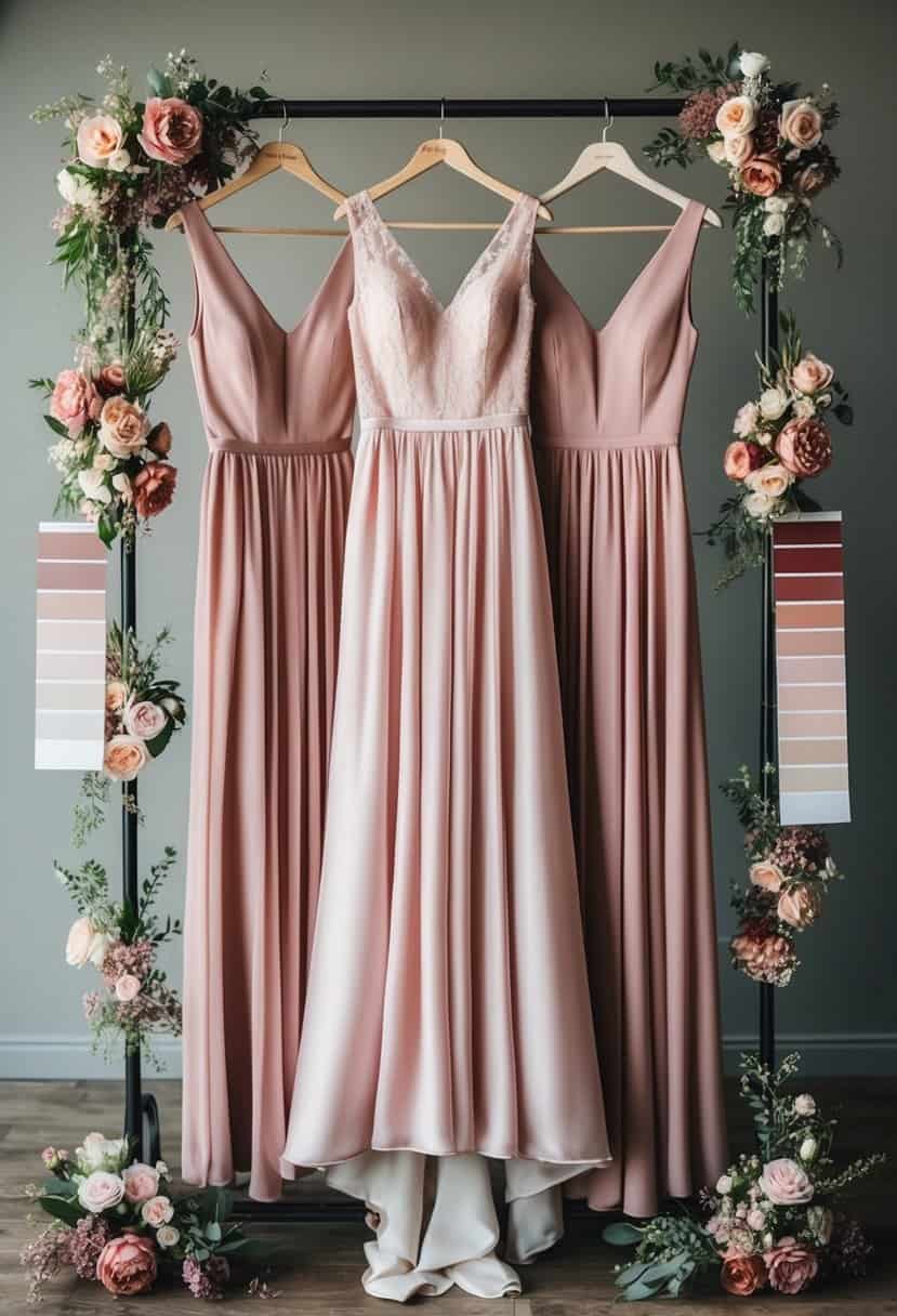 A group of blush bridesmaid dresses hanging on a rack, surrounded by floral arrangements and color swatches in various shades of dusty pink