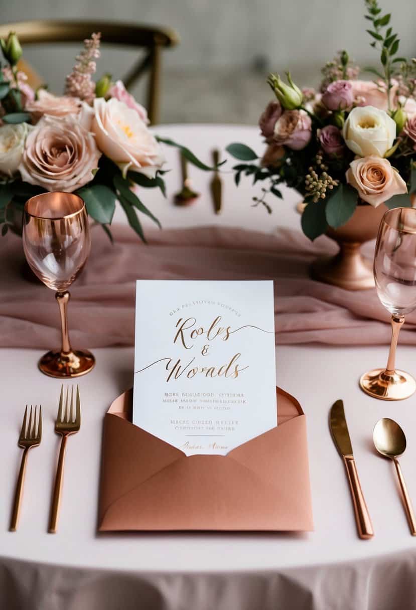 A table set with rose gold invitations, surrounded by dusty pink wedding decor and flowers