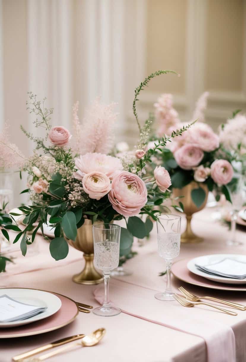 A table adorned with elegant pink centerpieces, featuring dusty pink flowers and delicate greenery, creating a romantic and sophisticated atmosphere for a wedding celebration