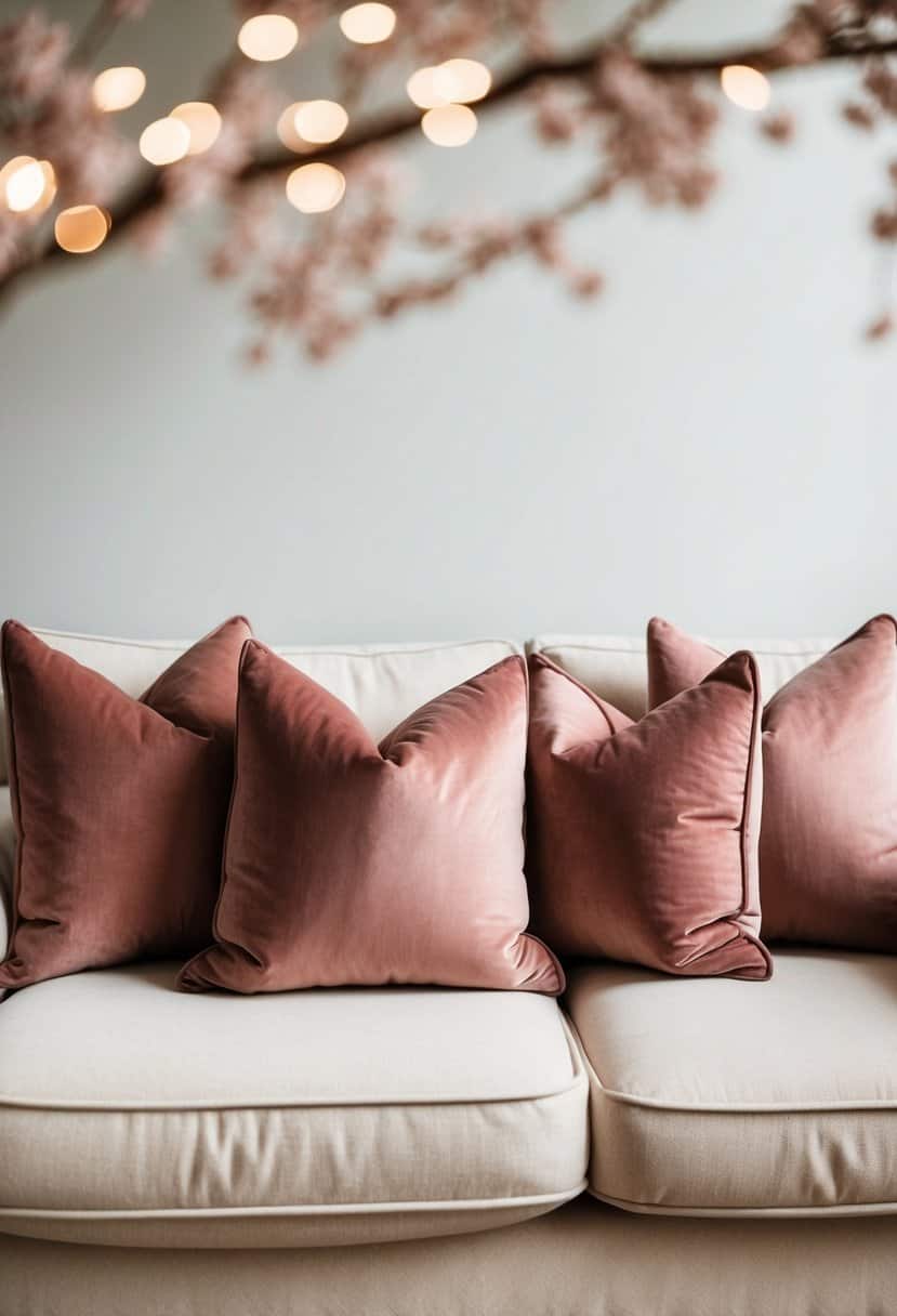 Dusty pink accent pillows arranged on a cream-colored couch in a cozy living room