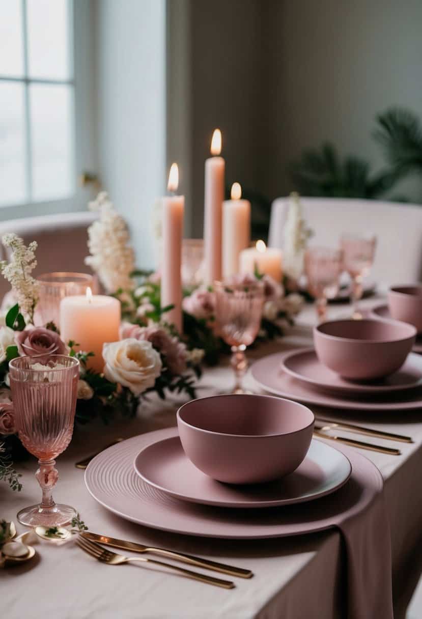 A table set with dusky pink tableware, surrounded by soft candlelight and delicate floral arrangements