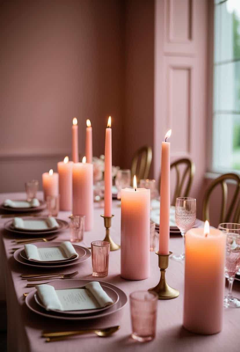 A table adorned with pale pink candles, casting a soft, romantic glow in a dusty pink wedding setting