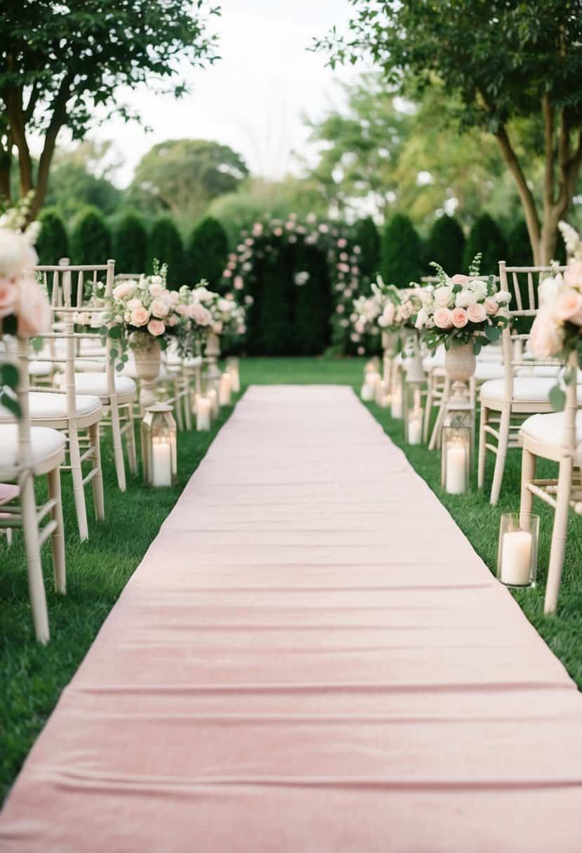 A long dusty pink aisle runner leading through a garden wedding with soft pink and cream floral arrangements
