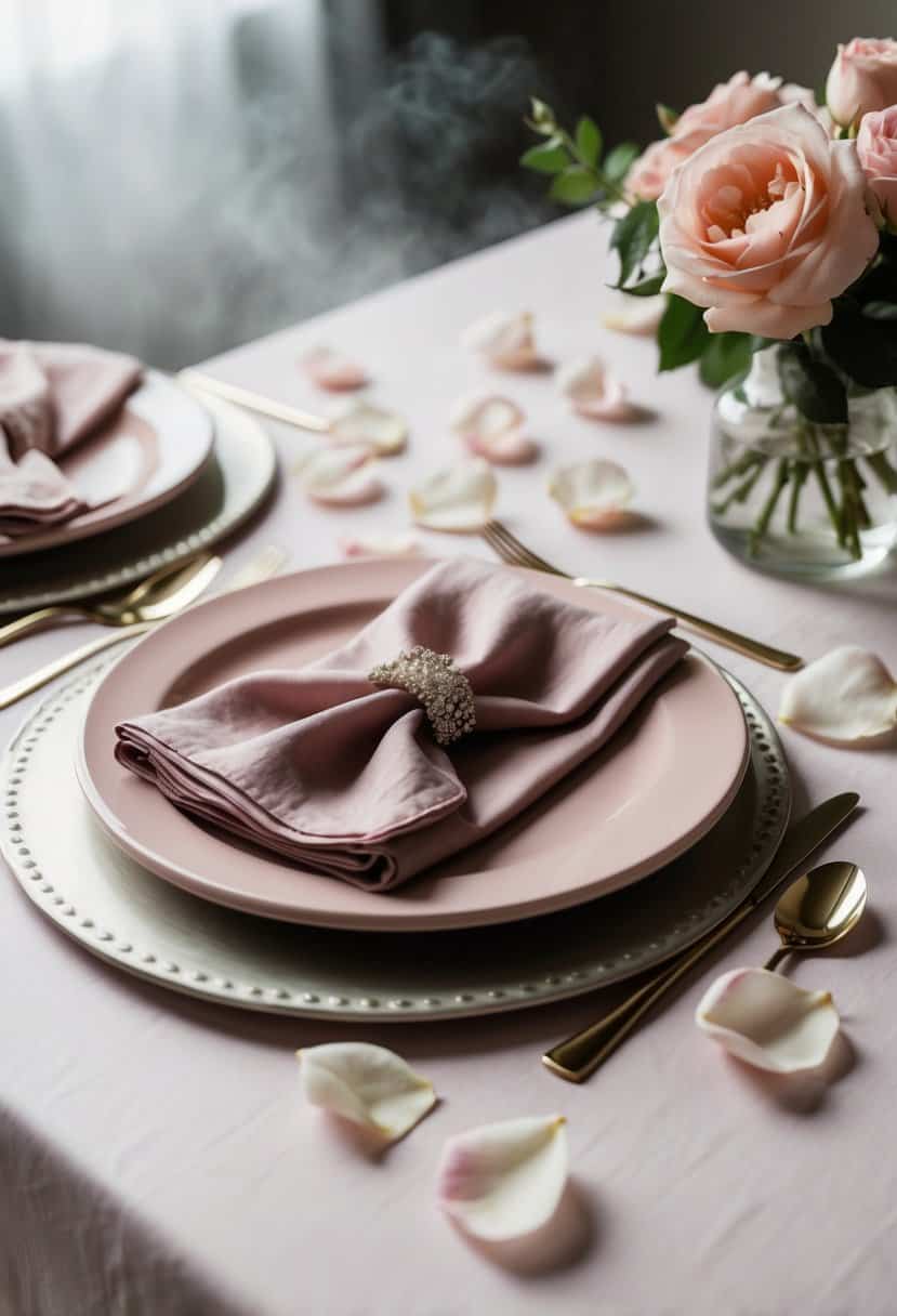 A table set with dusty pink napkins, surrounded by soft rose petals and a hint of mist in the air