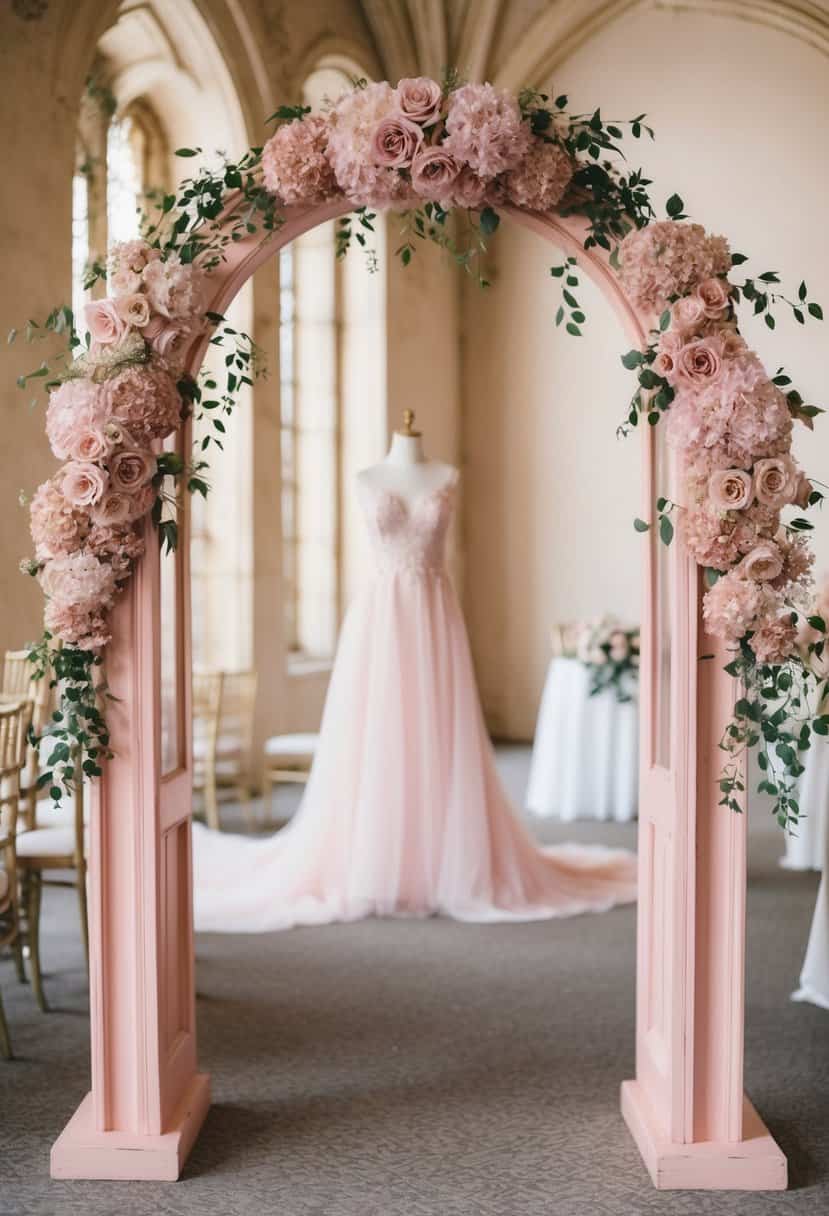 An antique pink arch adorned with dusty pink flowers in a wedding setting