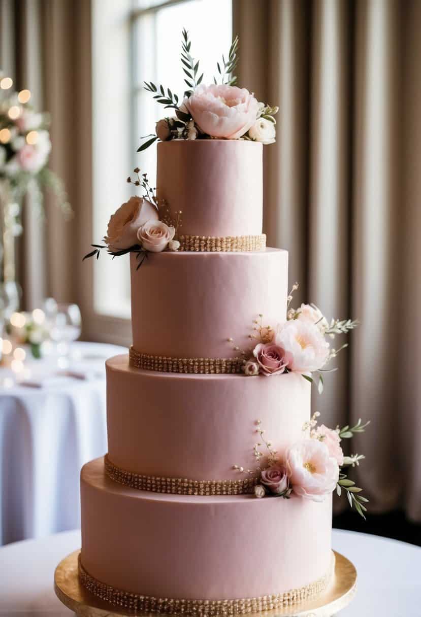 A three-tiered wedding cake in dusky pink, adorned with delicate floral decorations and shimmering gold accents