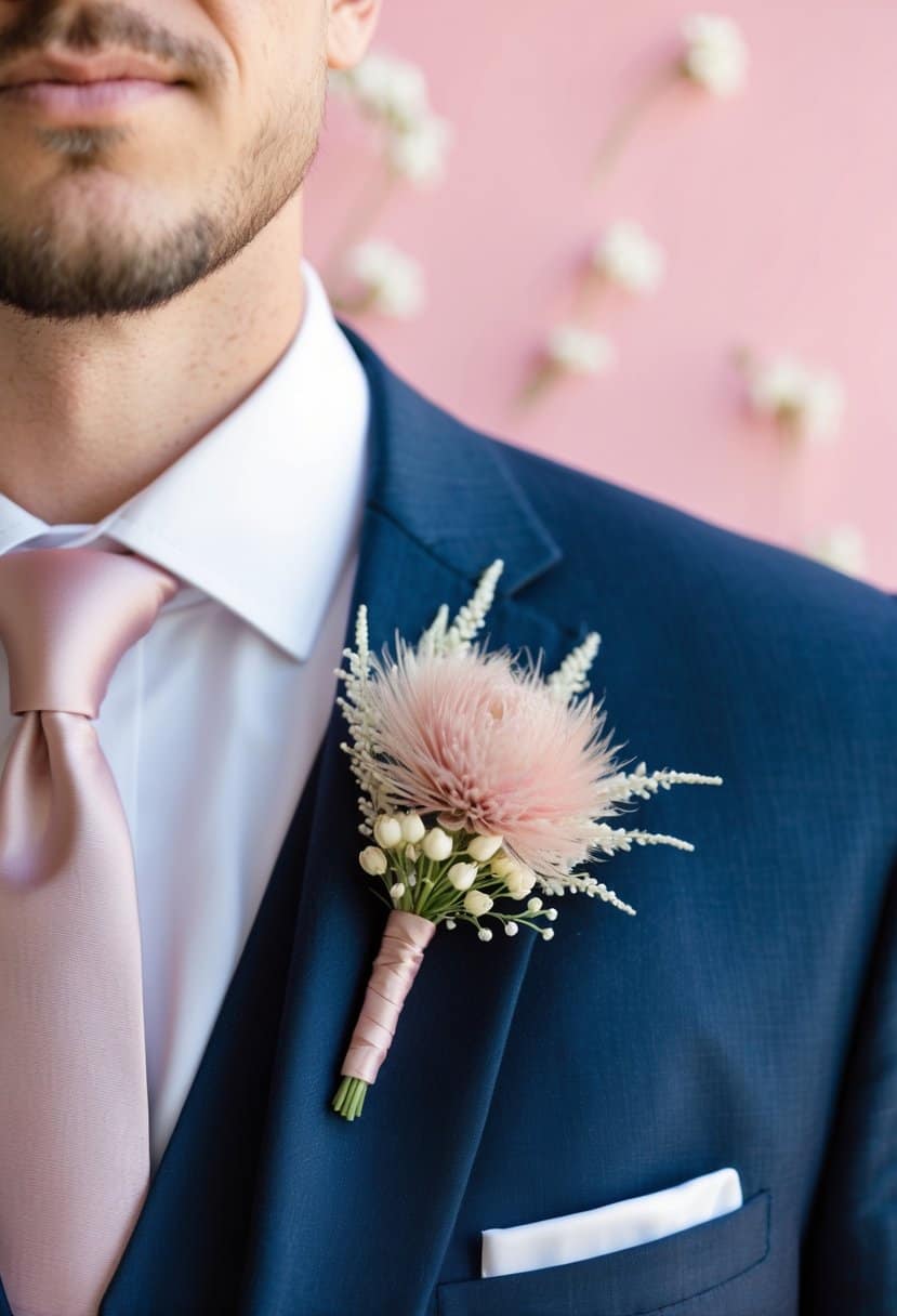 A groom's lapel adorned with a delicate dusty pink boutonnière, set against a soft pink background with subtle floral accents