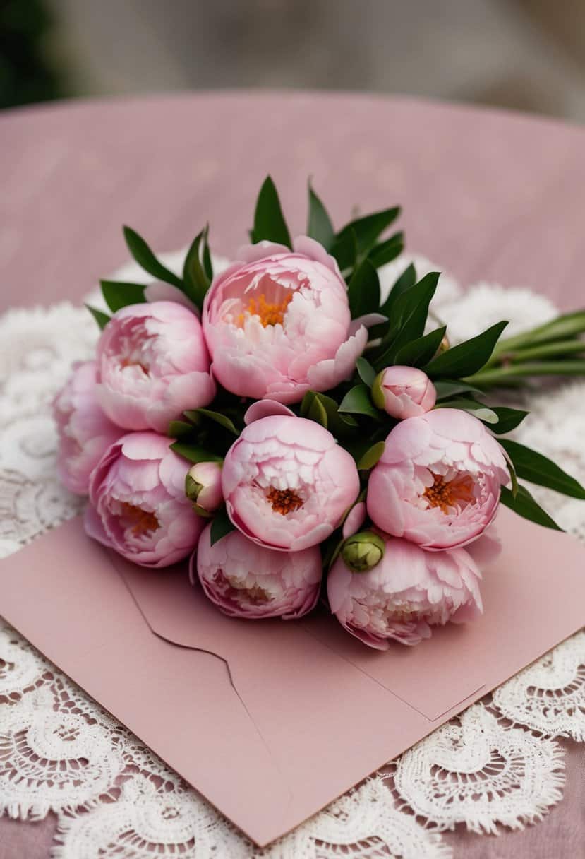 A bouquet of blush pink peonies on a dusty pink stationery with a vintage lace trim