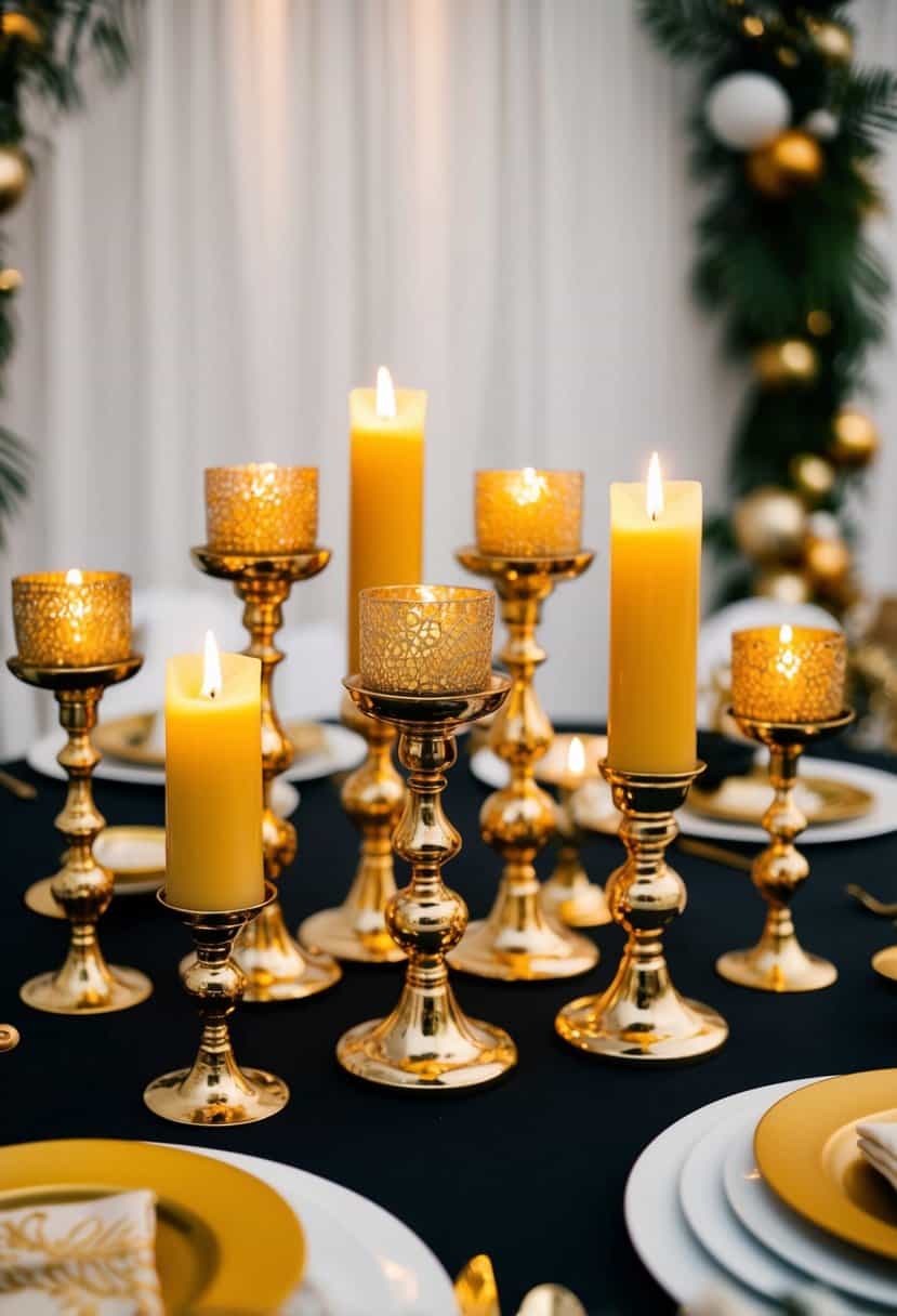 Golden candle holders arranged on a black table, surrounded by gold accents and decor for a luxurious wedding color scheme