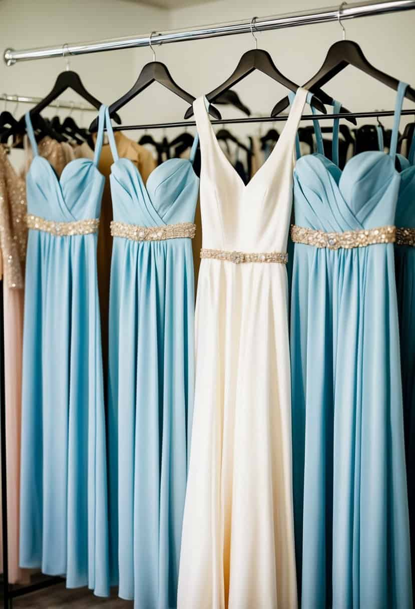 A group of powder blue bridesmaid dresses with champagne accents hanging on a clothing rack in a sunlit bridal boutique