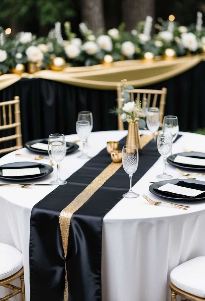A black satin table runner with gold accents set on a white table with gold and black wedding decor
