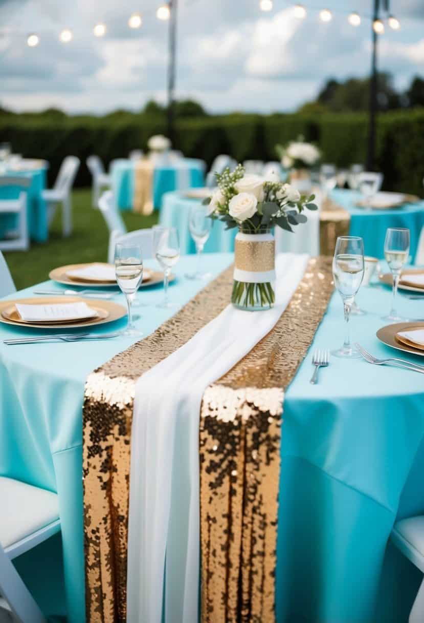 A powder blue table adorned with champagne sequin runners, set for a wedding celebration