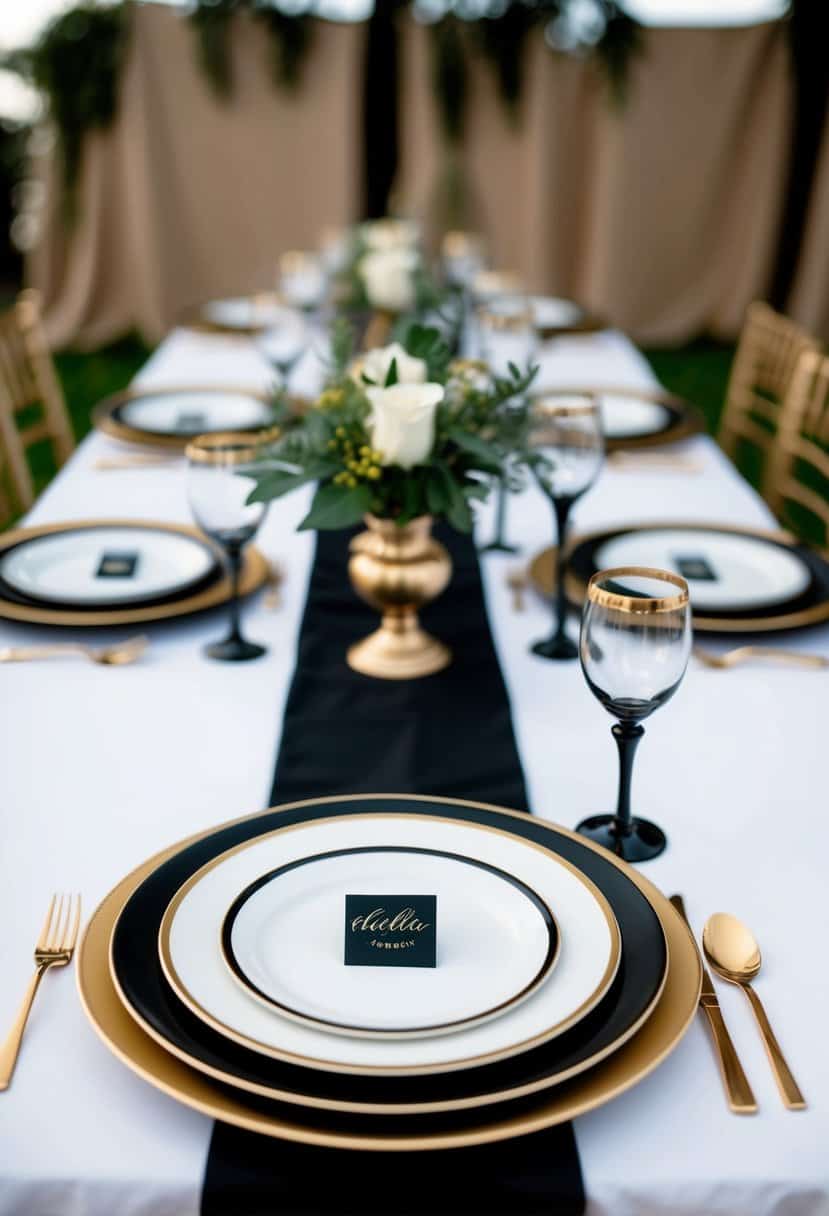 A table set with gold-rimmed dinnerware and black and gold accents for a wedding celebration