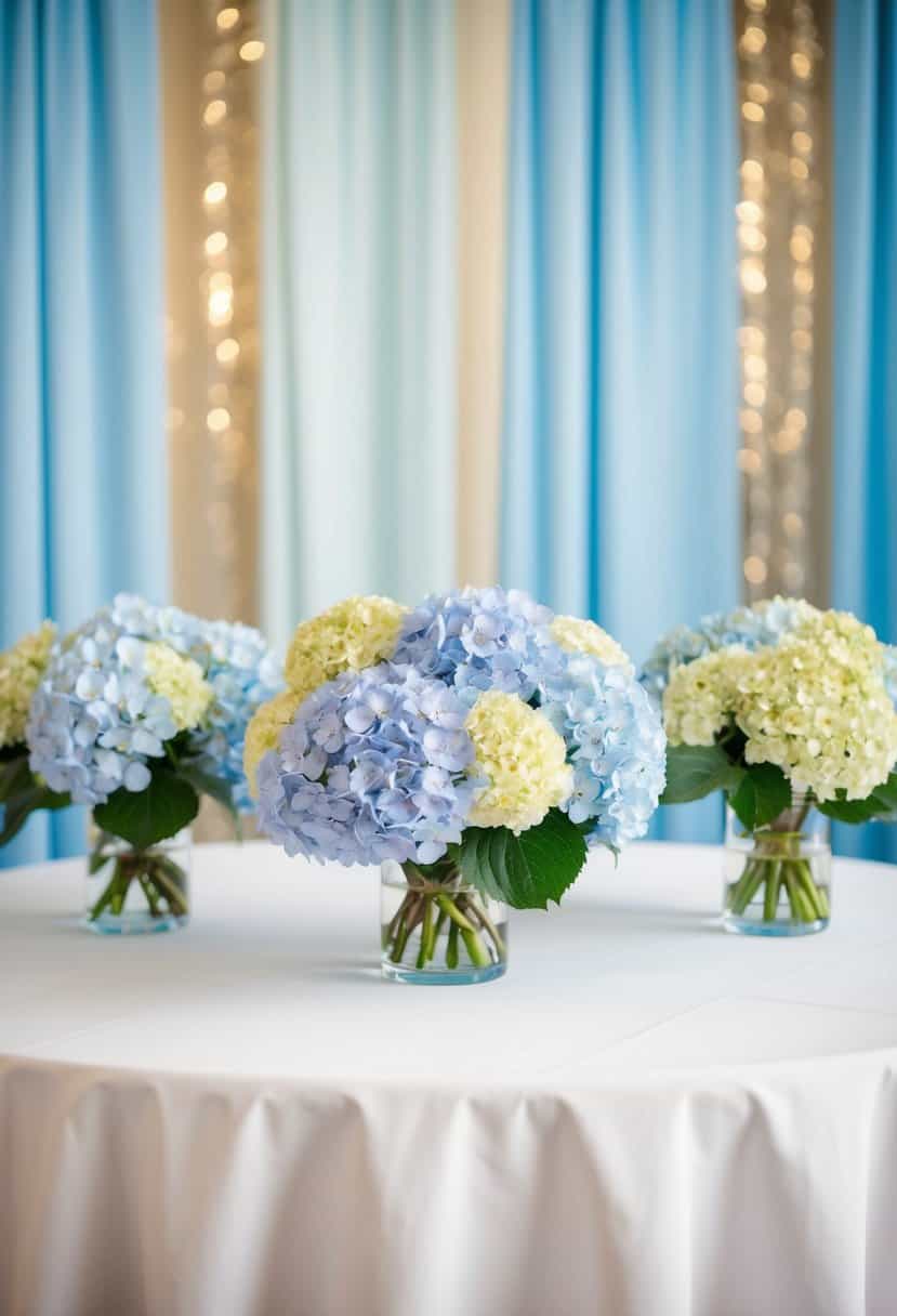 A table adorned with light blue hydrangea bouquets, set against a backdrop of powder blue and champagne hues