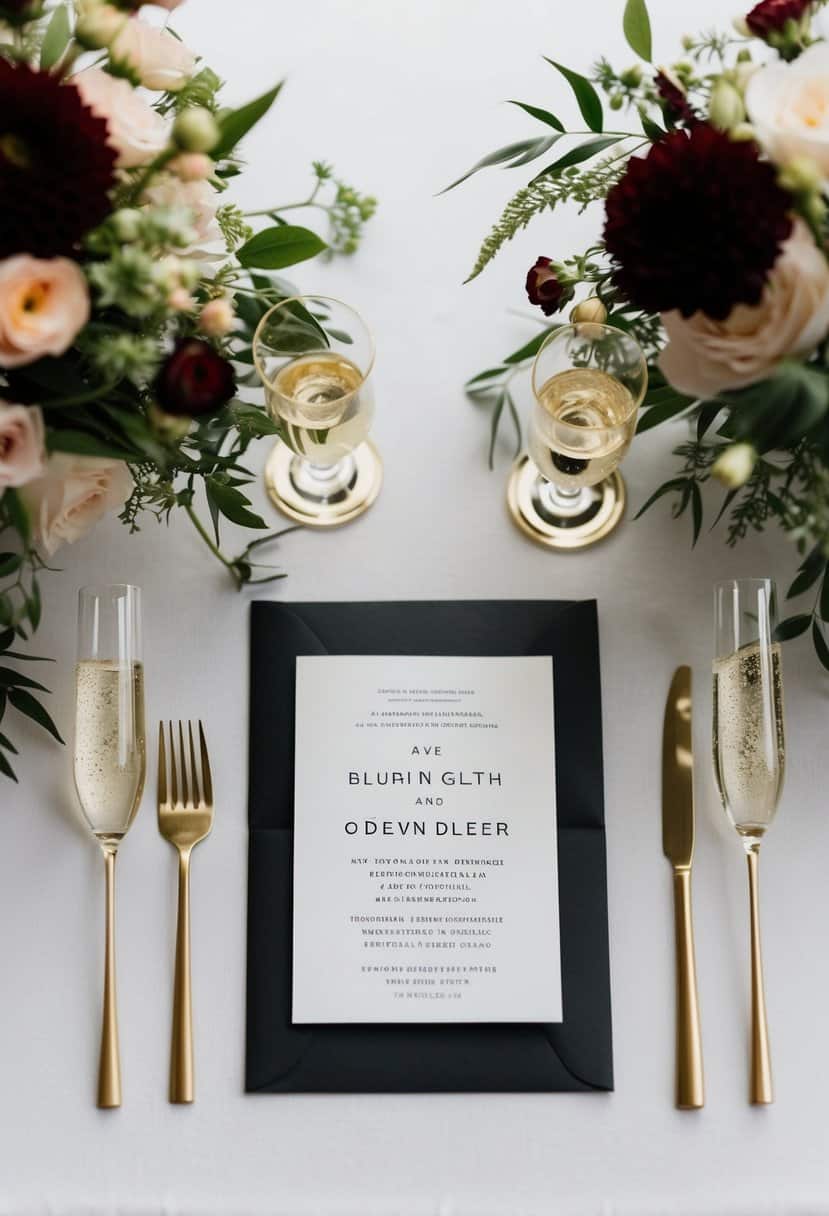 A black and gold wedding invitation surrounded by elegant floral arrangements and sparkling champagne glasses