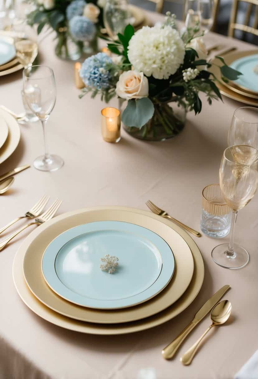 Champagne gold charger plates with powder blue accents set on a table with champagne-colored linens and floral centerpieces