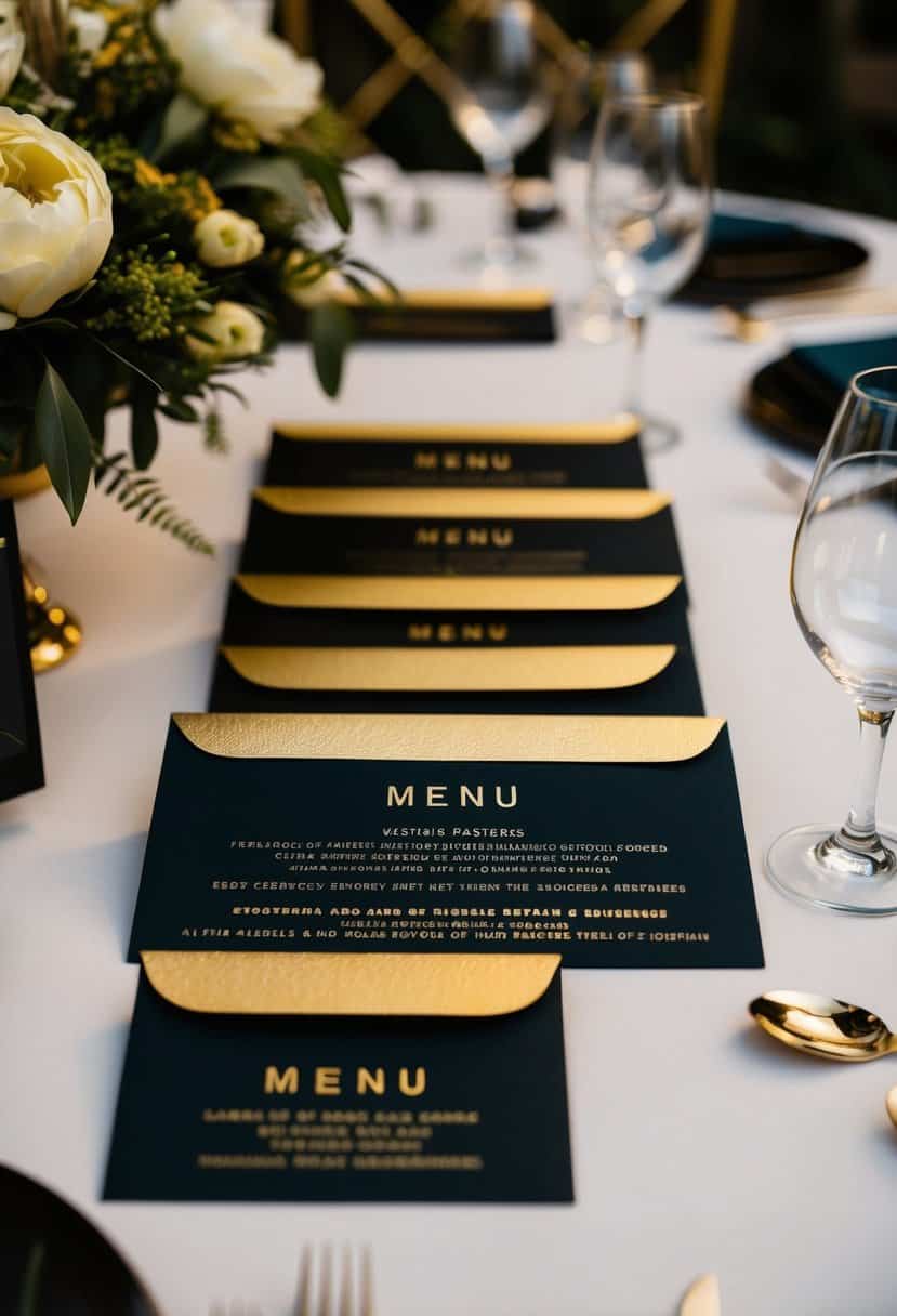Gold embossed menu cards arranged on a black and gold themed wedding table with elegant floral decor
