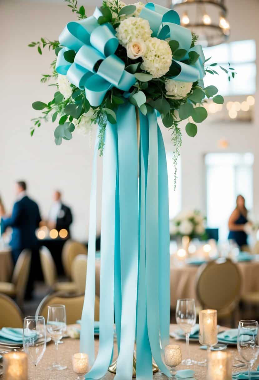 A bouquet of powder blue satin ribbons cascading down from a champagne-colored centerpiece
