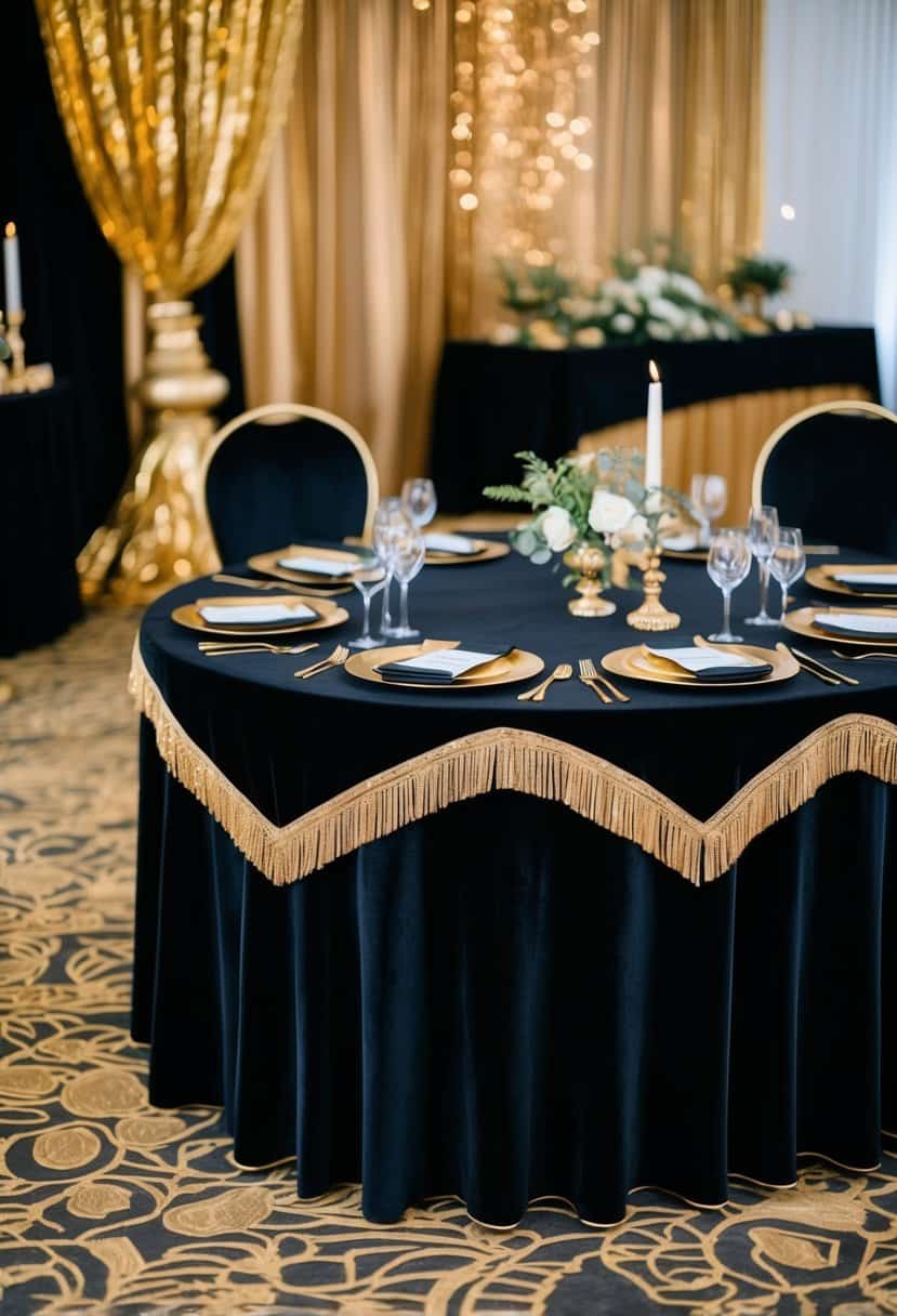 A black velvet tablecloth with gold trim draped over a table, surrounded by gold accents and decorations