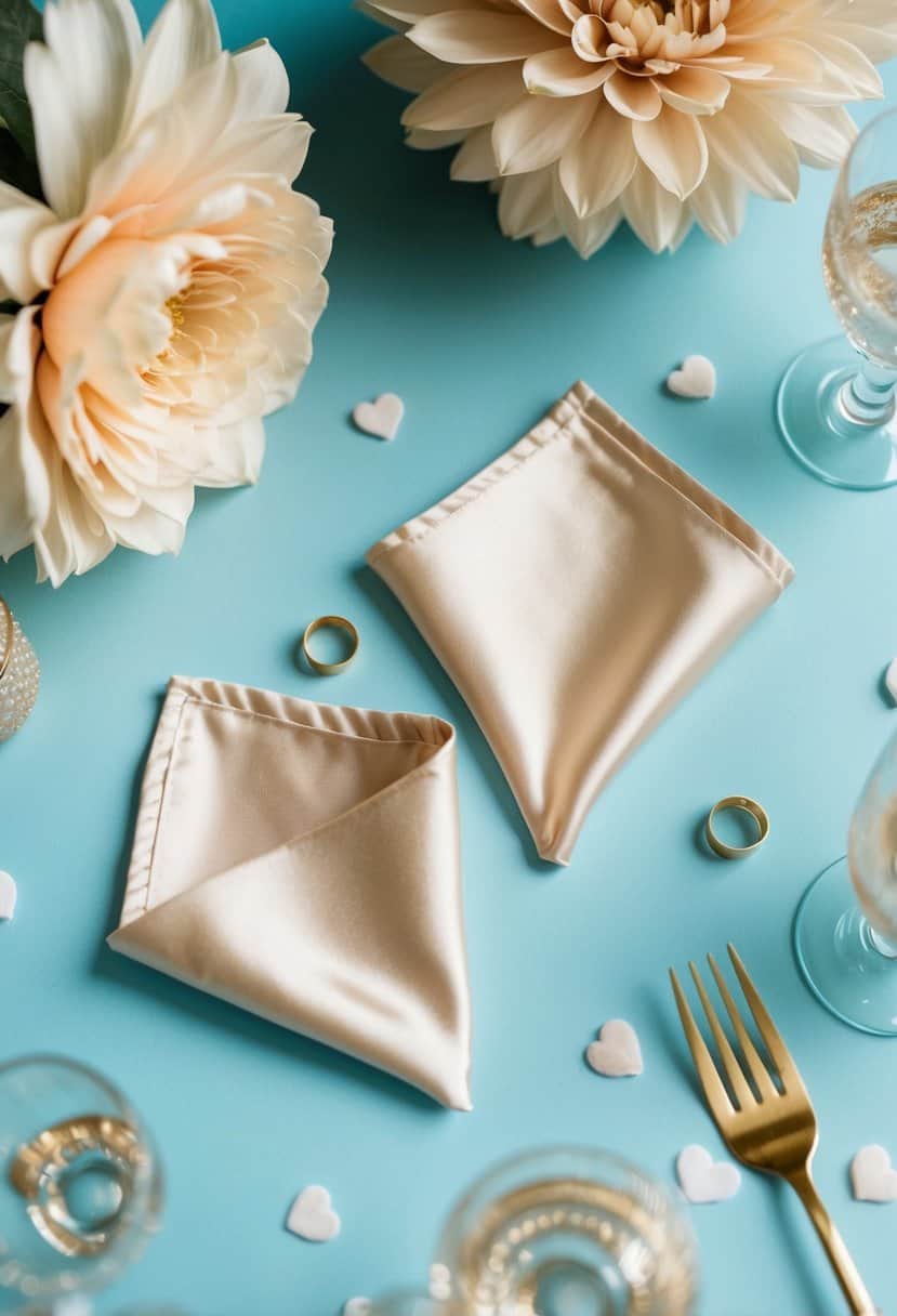 Two champagne silk pocket squares against a powder blue background, surrounded by champagne-colored wedding decor