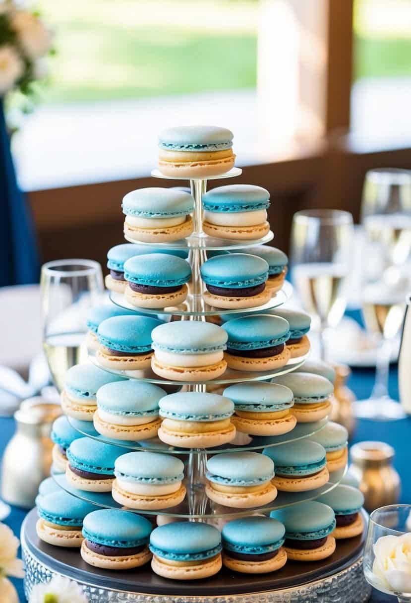 A tower of blueberry macarons in shades of powder blue and champagne, arranged in an elegant display for a wedding celebration