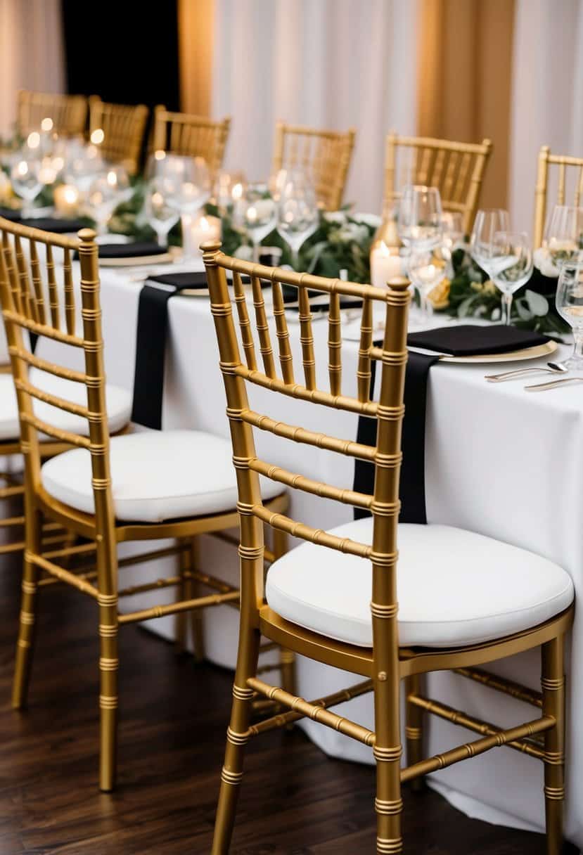 Golden Chiavari Chairs arranged in an elegant setting with black and gold accents for a luxurious wedding theme