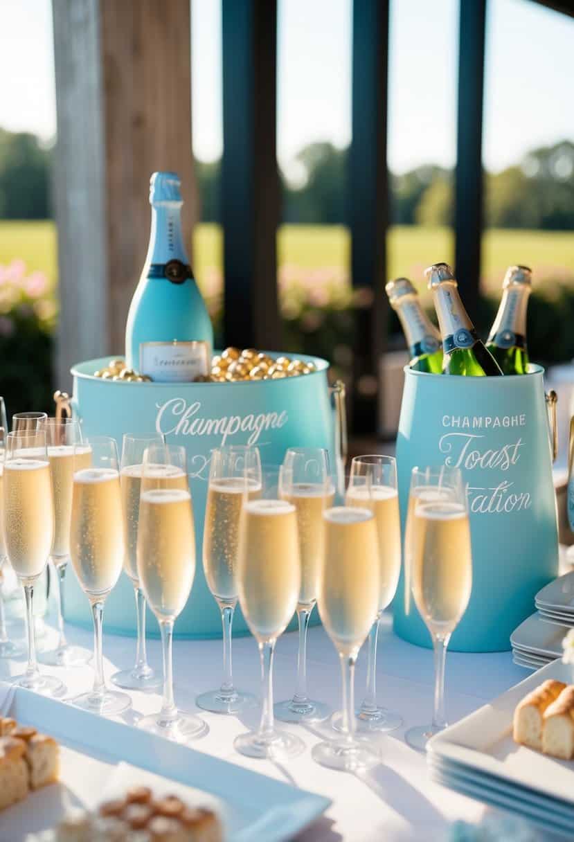 A powder blue and champagne-themed champagne toast station at a wedding