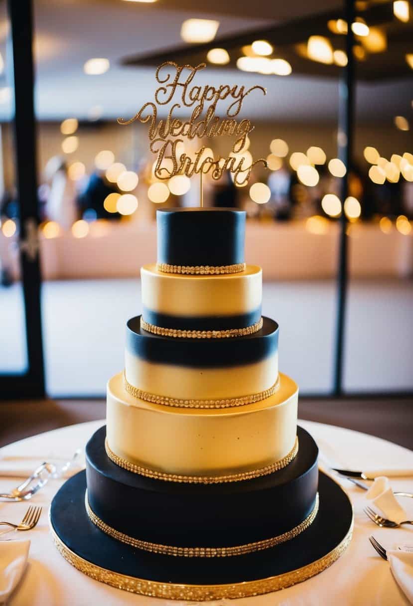 A three-tiered black and gold wedding cake with a matching cake topper