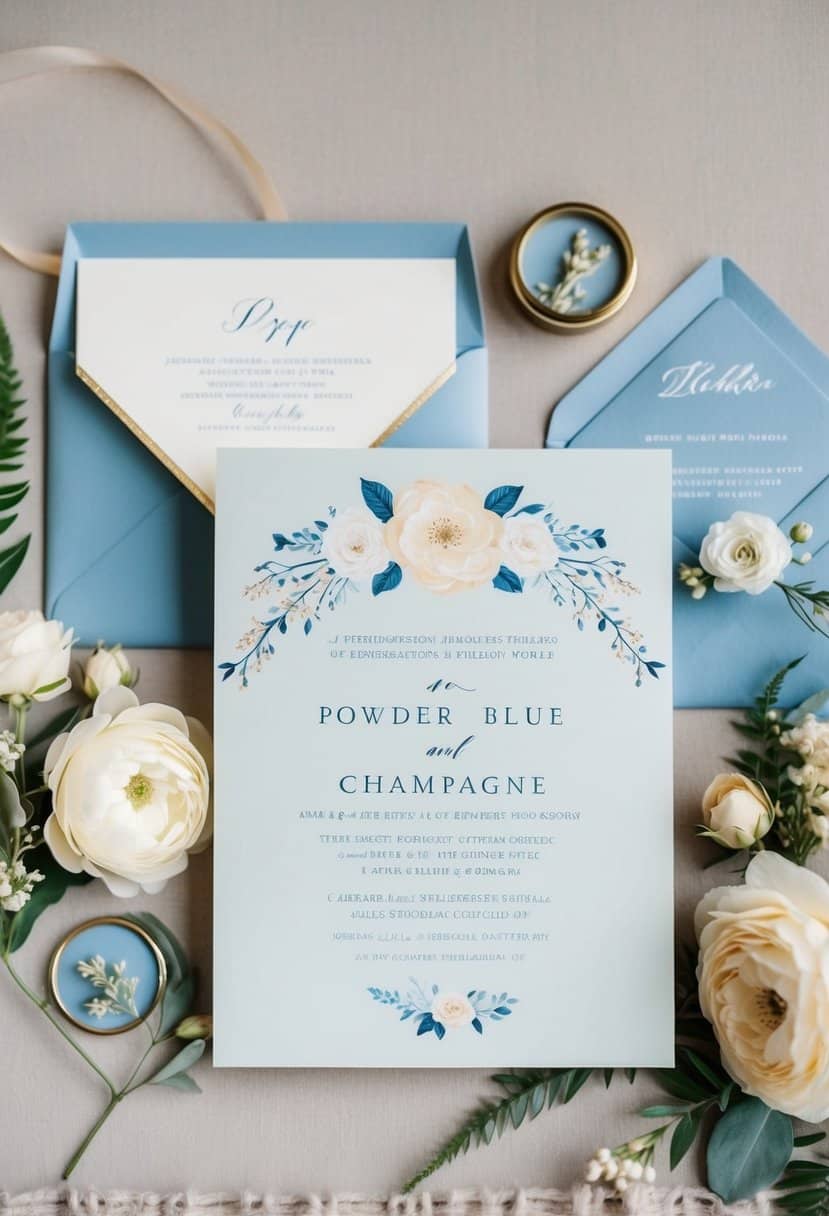 A serene wedding invitation suite featuring powder blue and champagne color scheme, adorned with delicate floral motifs and elegant details