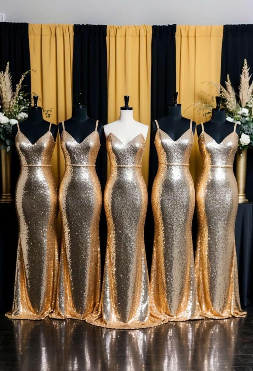 A group of gold sequin bridesmaid dresses arranged in front of a backdrop of black and gold wedding decor, creating a glamorous and elegant color scheme