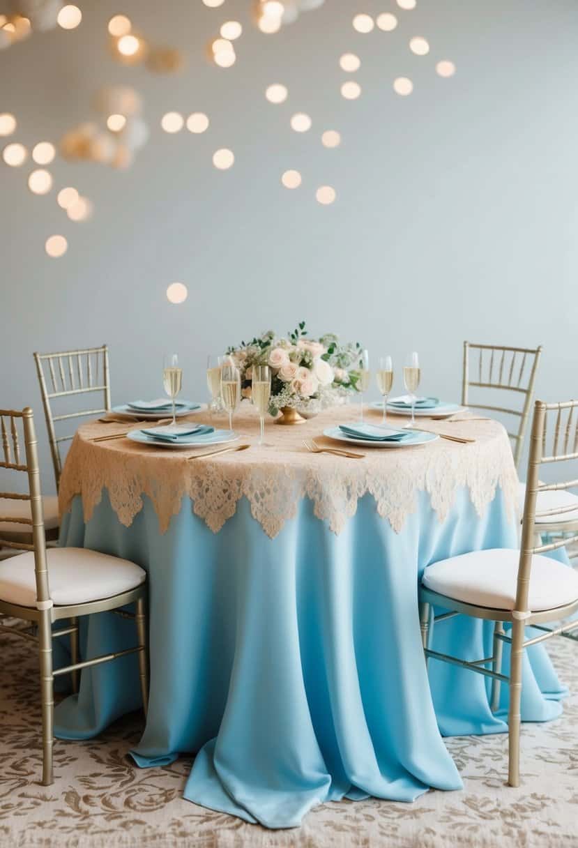 A powder blue and champagne lace tablecloth draped over a table, adorned with delicate floral centerpieces and sparkling champagne glasses