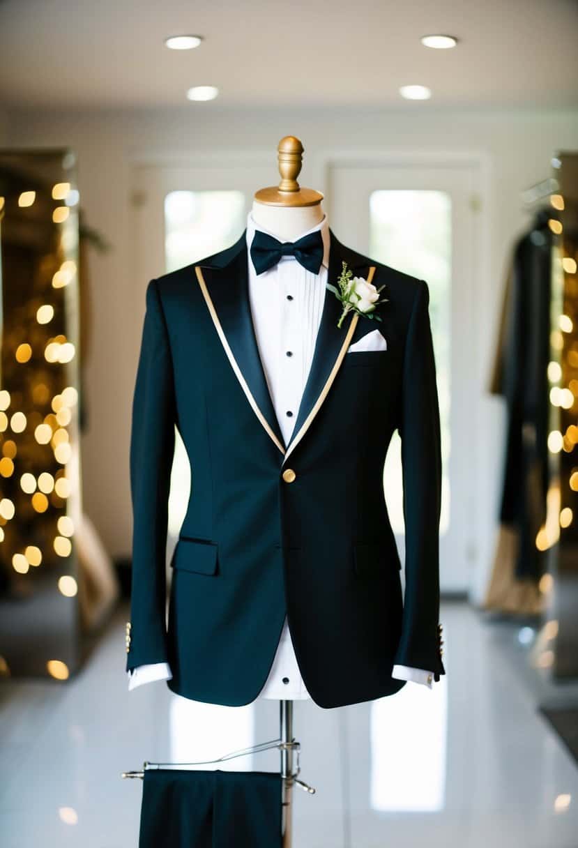 A black groom's suit with gold accents displayed on a tailor's mannequin