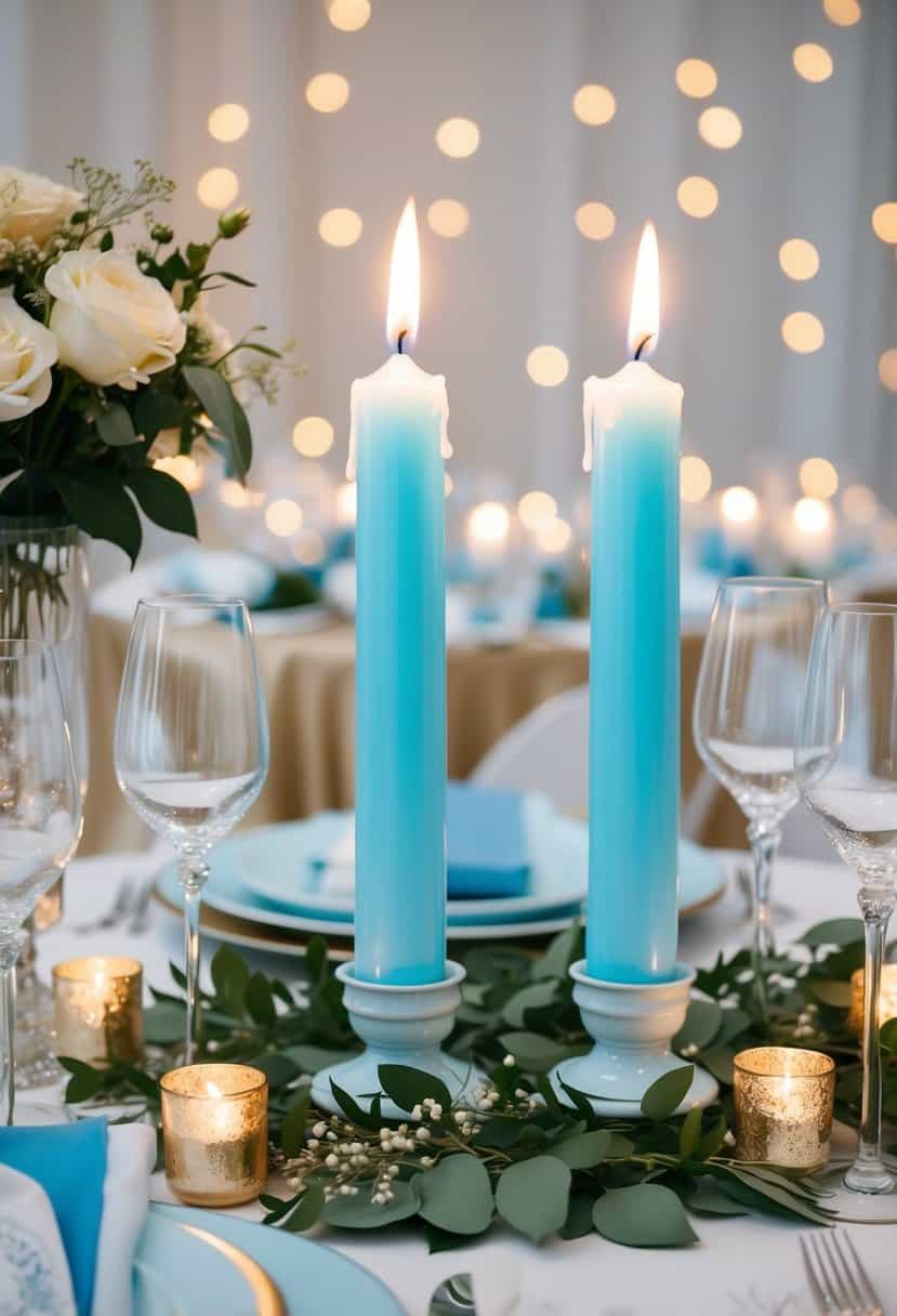 Two light blue taper candles surrounded by powder blue and champagne wedding decor