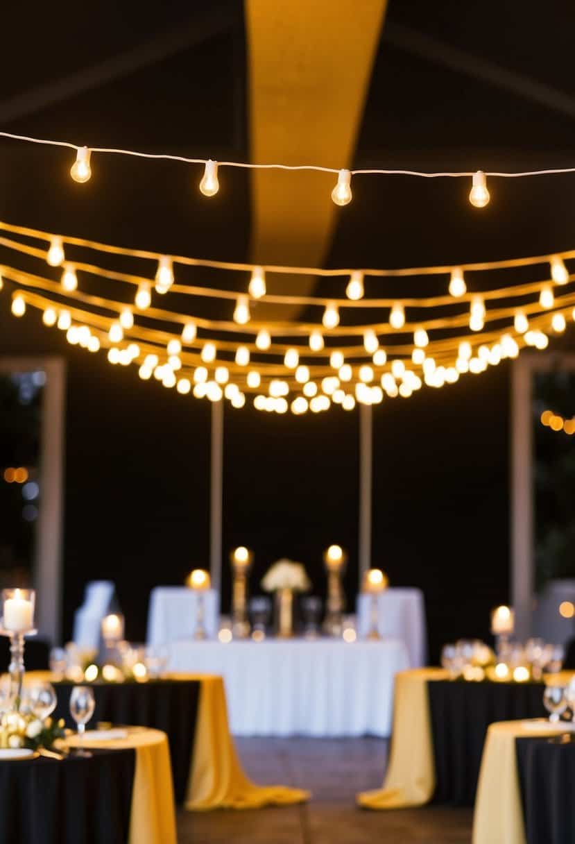 Golden string lights hanging above a black and gold wedding reception, casting a warm and romantic glow over the elegant decor